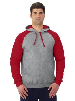 Jerzees Mens NuBlend Color-Block Raglan Pull Over Hooded Sweatshirt -Outfit Fashion Shop 96CR oxford true red front.dc67b38f415f1c68