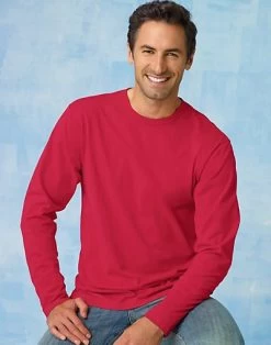 Hanes TAGLESS Nano-T Men's Long-Sleeve Tee -Outfit Fashion Shop EBY 24271 DeepRed