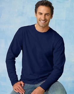 Hanes TAGLESS Nano-T Men's Long-Sleeve Tee -Outfit Fashion Shop EBY 24271 Navy