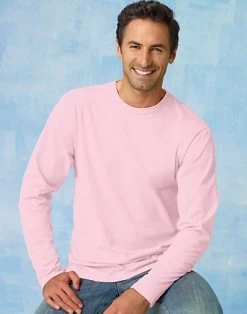 Hanes TAGLESS Nano-T Men's Long-Sleeve Tee -Outfit Fashion Shop EBY 24271 PalePink