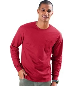 Hanes Men's TAGLESS Long-Sleeve T-Shirt With Pocket -Outfit Fashion Shop EBY H5596 DeepRed