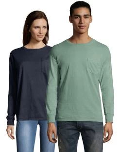 Hanes Mens ComfortWash Garment Dyed Long Sleeve Pocket Tee -Outfit Fashion Shop HBI GDH250GRTDYE CypressGreen