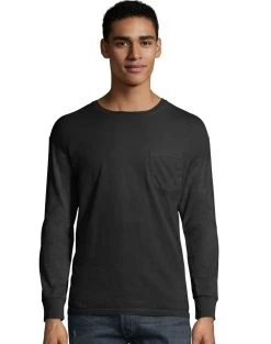 Hanes Mens ComfortWash Garment Dyed Long Sleeve Pocket Tee -Outfit Fashion Shop HBI GDH250 Black