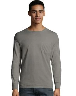 Hanes Mens ComfortWash Garment Dyed Long Sleeve Pocket Tee -Outfit Fashion Shop HBI GDH250 ConcreteGray