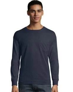 Hanes Mens ComfortWash Garment Dyed Long Sleeve Pocket Tee -Outfit Fashion Shop HBI GDH250 Navy