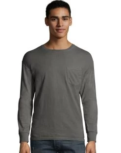 Hanes Mens ComfortWash Garment Dyed Long Sleeve Pocket Tee -Outfit Fashion Shop HBI GDH250 NewRailroadGray