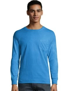 Hanes Mens ComfortWash Garment Dyed Long Sleeve Pocket Tee -Outfit Fashion Shop HBI GDH250 SummerSkyBlue