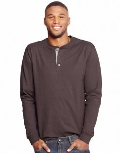 Hanes Men`s Beefy-T Long-Sleeve Henley -Outfit Fashion Shop HBI HO5719 DarkTruffle