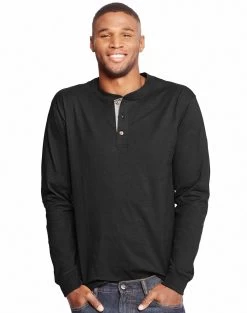 Hanes Men`s Beefy-T Long-Sleeve Henley -Outfit Fashion Shop HBI HO5719 Ebony