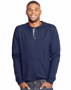 Hanes Men`s Beefy-T Long-Sleeve Henley -Outfit Fashion Shop HBI HO5719 NavyHeather