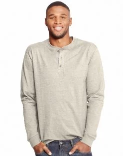 Hanes Men`s Beefy-T Long-Sleeve Henley -Outfit Fashion Shop HBI HO5719 PebblestoneCrossdye
