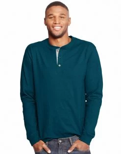 Hanes Men`s Beefy-T Long-Sleeve Henley -Outfit Fashion Shop HBI HO5719 PetroTeal