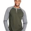 Hanes Men`s Beefy-T Long-Sleeve Colorblock Henley -Outfit Fashion Shop HBI HO5811 CamouflageGreenOxfordGray