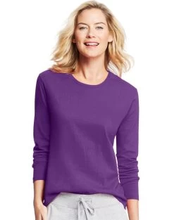 Hanes Women`s Long-Sleeve Crewneck T-Shirt -Outfit Fashion Shop HBI HO9133 VioletSplendor