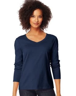 Hanes Women`s Long-Sleeve V-Neck T-Shirt -Outfit Fashion Shop HBI HO9142 Navy