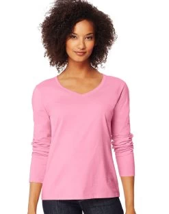 Hanes Women`s Long-Sleeve V-Neck T-Shirt -Outfit Fashion Shop HBI HO9142 PinkSwish