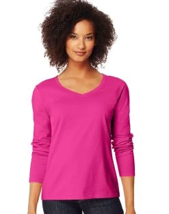 Hanes Women`s Long-Sleeve V-Neck T-Shirt -Outfit Fashion Shop HBI HO9142 SizzlingPink