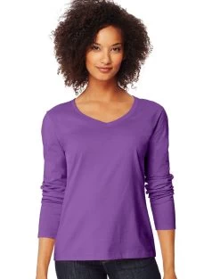 Hanes Women`s Long-Sleeve V-Neck T-Shirt -Outfit Fashion Shop HBI HO9142 VioletSplendor
