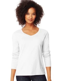 Hanes Women`s Long-Sleeve V-Neck T-Shirt -Outfit Fashion Shop HBI HO9142 White