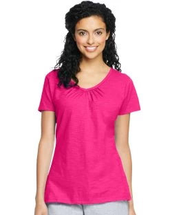 Hanes Women`s Slub Jersey Shirred V-Neck -Outfit Fashion Shop HBI HO9253 Amaranth