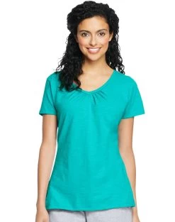Hanes Women`s Slub Jersey Shirred V-Neck -Outfit Fashion Shop HBI HO9253 EcoTeal