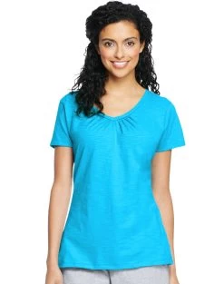 Hanes Women`s Slub Jersey Shirred V-Neck -Outfit Fashion Shop HBI HO9253 ProcessBlue
