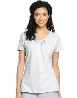 Hanes Women`s Slub Jersey Shirred V-Neck -Outfit Fashion Shop HBI HO9253 White