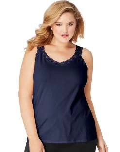 Just My Size Womens Essentials Stretch Jersey Lace Trim Tank -Outfit Fashion Shop HBI HOJ314 Navy