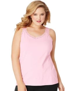 Just My Size Womens Essentials Stretch Jersey Lace Trim Tank -Outfit Fashion Shop HBI HOJ314 PaleoPink