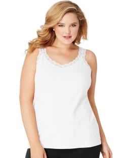 Just My Size Womens Essentials Stretch Jersey Lace Trim Tank -Outfit Fashion Shop HBI HOJ314 White