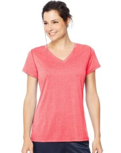 Hanes Womens Sport Heathered Performance V-Neck Tee -Outfit Fashion Shop HBI O9032 RazzlePinkHeather