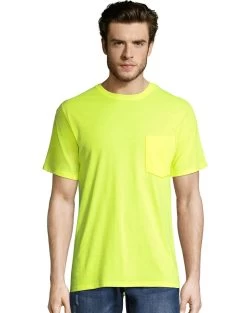 Hanes Mens X-Temp FreshIQ Workwear Pocket Tee Value 2-Pack -Outfit Fashion Shop HBI OW1102 SafetyGreen