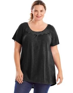 Just My Size Womens Short-Sleeve Slub-Jersey Tunic With Crochet Trim