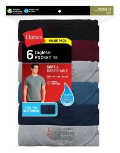 Hanes Men's Soft And Breathable Pocket Tee Assorted 6-Pack 8 Hanes Men's Soft And Breathable Pocket Tee Assorted 6-Pack -Outfit Fashion Shop HNS 217DP6 Assorted Front 637812134392144494