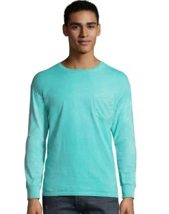 Hanes Mens ComfortWash Garment Dyed Long Sleeve Pocket Tee -Outfit Fashion Shop HNS GDH250 Mint