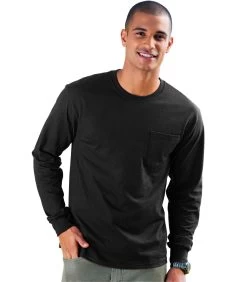 Hanes Men's TAGLESS Long-Sleeve T-Shirt With Pocket -Outfit Fashion Shop HNS H5596 Black