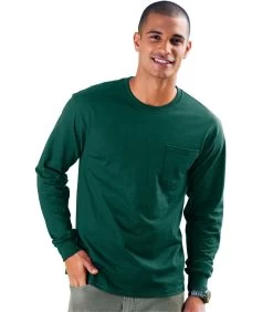 Hanes Men's TAGLESS Long-Sleeve T-Shirt With Pocket -Outfit Fashion Shop HNS H5596 DeepForest