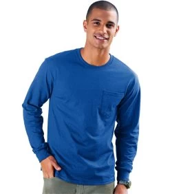 Hanes Men's TAGLESS Long-Sleeve T-Shirt With Pocket -Outfit Fashion Shop HNS H5596 DeepRoyal