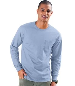 Hanes Men's TAGLESS Long-Sleeve T-Shirt With Pocket -Outfit Fashion Shop HNS H5596 LightBlue