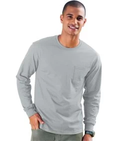 Hanes Men's TAGLESS Long-Sleeve T-Shirt With Pocket -Outfit Fashion Shop HNS H5596 LightSteel