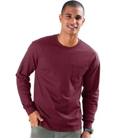 Hanes Men's TAGLESS Long-Sleeve T-Shirt With Pocket -Outfit Fashion Shop HNS H5596 Maroon