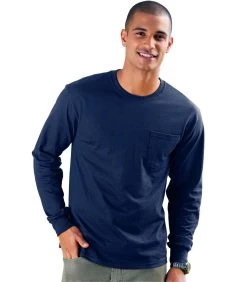 Hanes Men's TAGLESS Long-Sleeve T-Shirt With Pocket -Outfit Fashion Shop HNS H5596 Navy