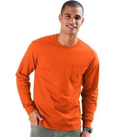 Hanes Men's TAGLESS Long-Sleeve T-Shirt With Pocket -Outfit Fashion Shop HNS H5596 Orange