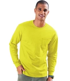 Hanes Men's TAGLESS Long-Sleeve T-Shirt With Pocket -Outfit Fashion Shop HNS H5596 SafetyGreen