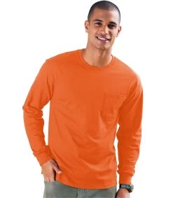 Hanes Men's TAGLESS Long-Sleeve T-Shirt With Pocket -Outfit Fashion Shop HNS H5596 SafetyOrange