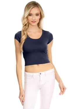 NYL Womens Basic Short Sleeve Scoop Neck Crop Top - USA, -Outfit Fashion Shop mesibas com 637534061553509640