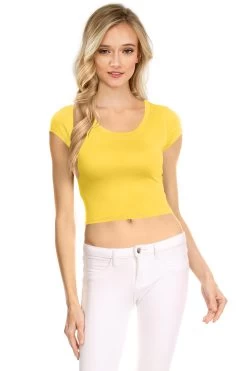 NYL Womens Basic Short Sleeve Scoop Neck Crop Top - USA, -Outfit Fashion Shop mesibas com 637534063373744963